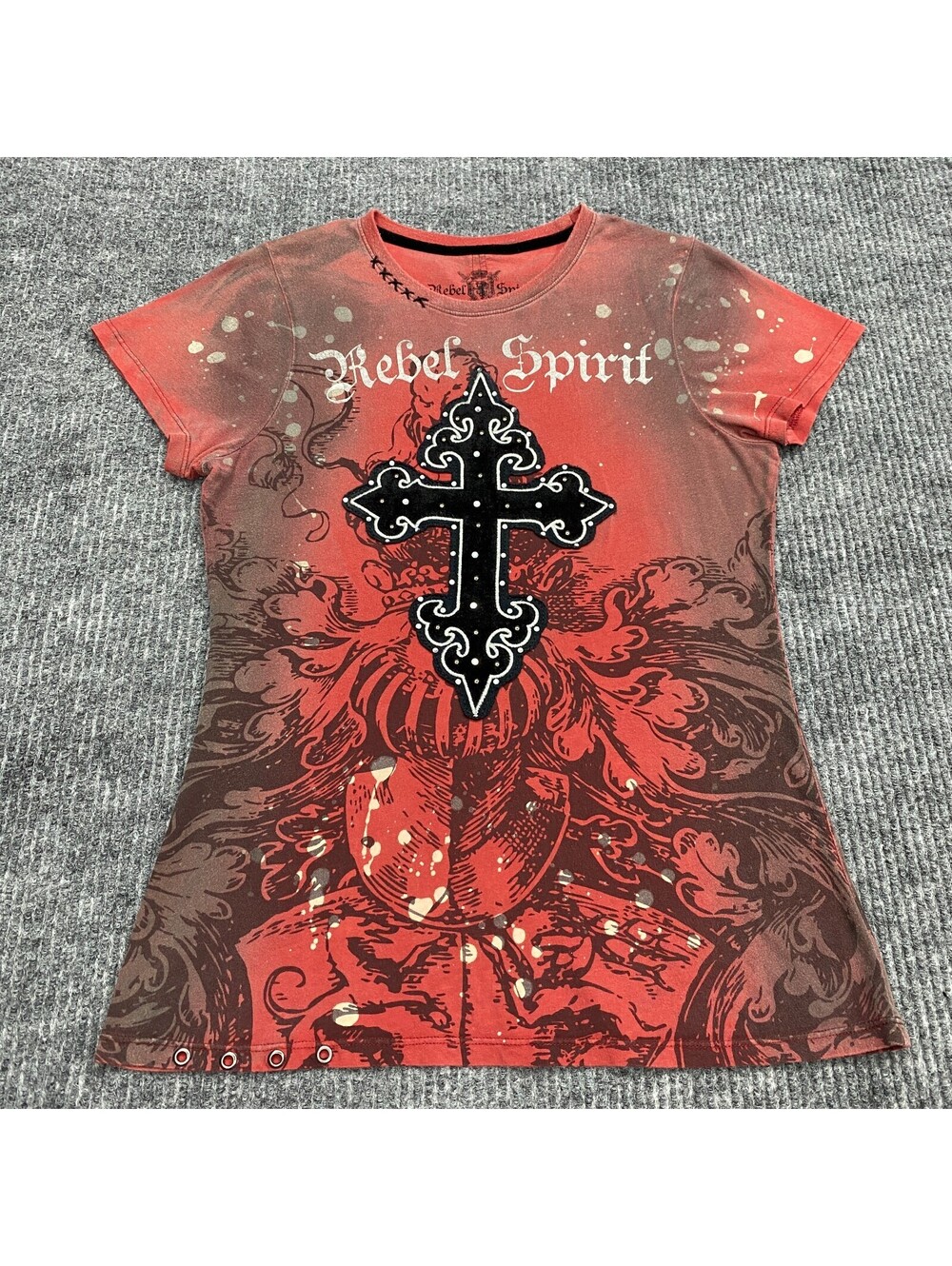 Rebel Spirit Graphic Top Shirt Womens M Rhinestone Cross Crest Royal Way Of Life